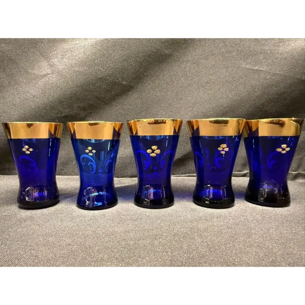 Cobalt Blue & Gold Bohemian Style Decanter (5) Shot Glasses Hand Painted Flowers